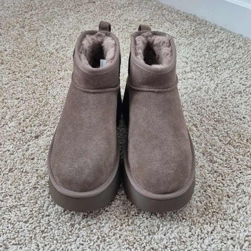 UGG CLASSIC ULTRA MINI HEIGHTS HICKORY PLATFORM BOOTS SIZE 9
